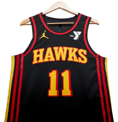 View full screen - View 1 of Lot 129. Trae Young Atlanta Hawks 2023-2024 Game Worn Statement Edition Jersey | Double-Double | 45 Points.