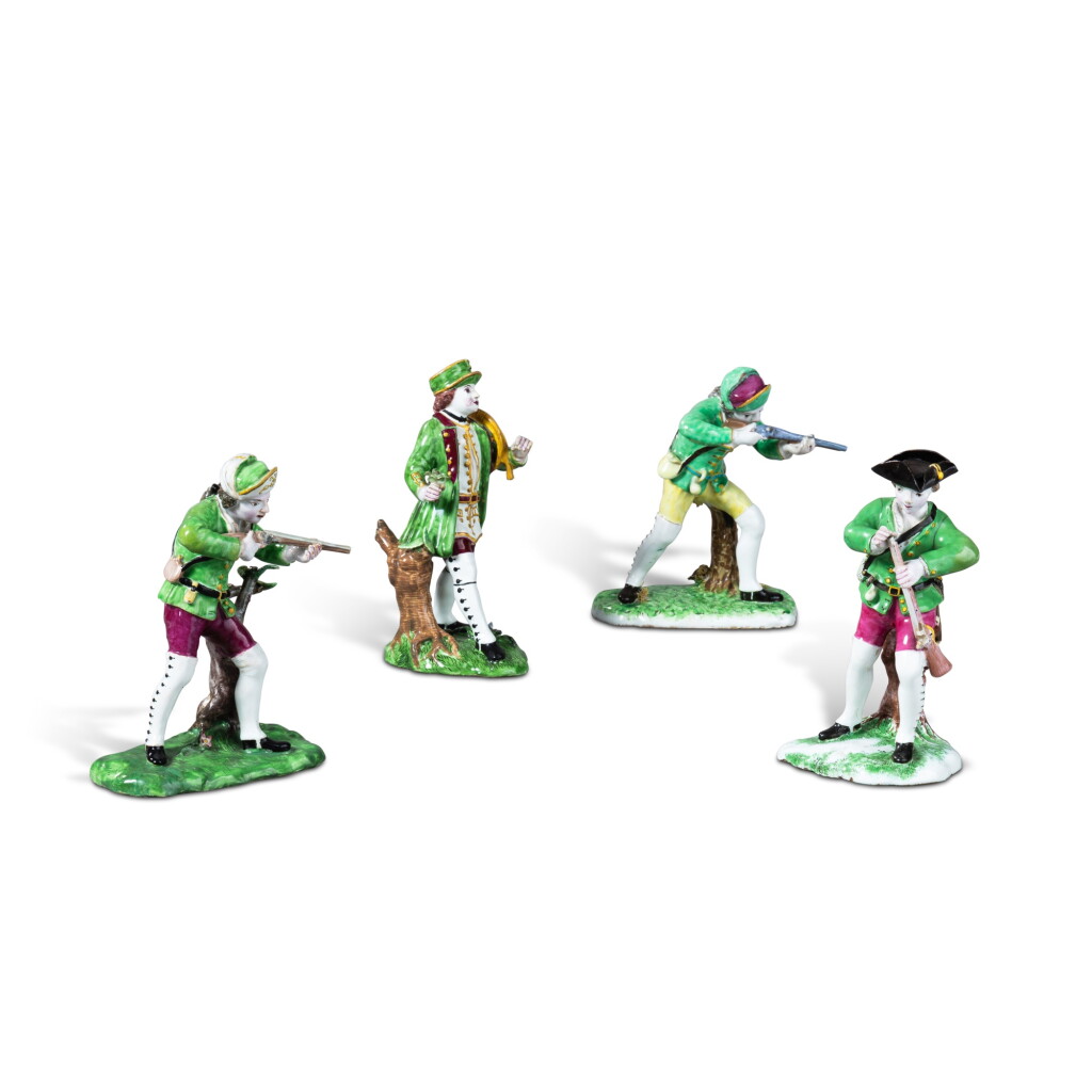 View full screen - View 1 of Lot 153. A set of four Strasburg faience hunters, manufactory of Paul Hannong, design by Jean-Guillaume Lanz, 1750-1754 | Ensemble de quatre chasseurs en faïence de Strasbourg, manufacture Paul Hannong, modèles d'après Jean-Guillaume Lanz, 1750-1754.