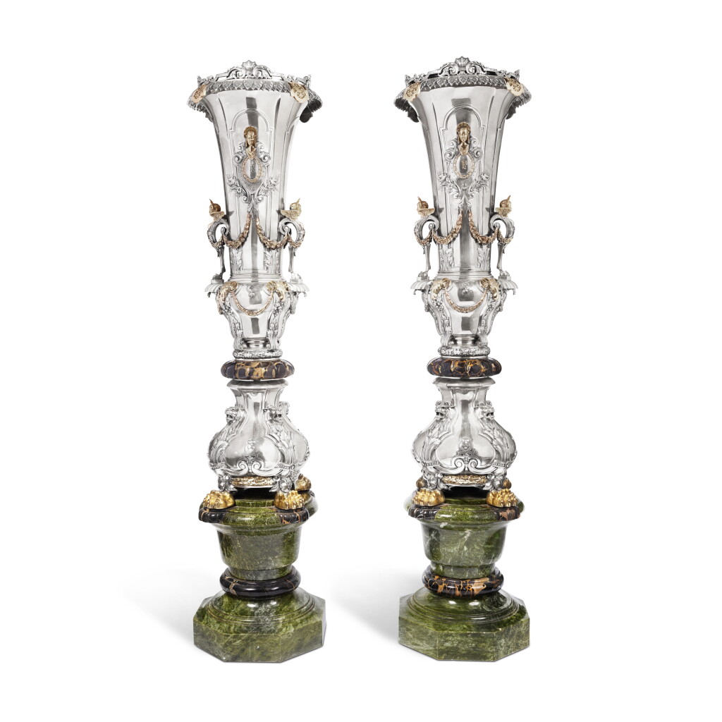 View full screen - View 1 of Lot 127. A Monumental Pair of American Parcel-Gilt Silver, 18 Karat Gold, and Marble Vases, Elder-Hickok C., Newark, New Jersey, Circa 1936.