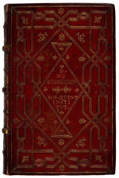 View full screen - View 1 of Lot 1374. Quintilianus, Institutionum oratoriarum, Venice, Heirs of Aldo Manuzio & Andrea Torresano, 1521 (but 1522), Bolognese dark red goatskin by Ebeleben Binder for Nikolas von Ebeleben.