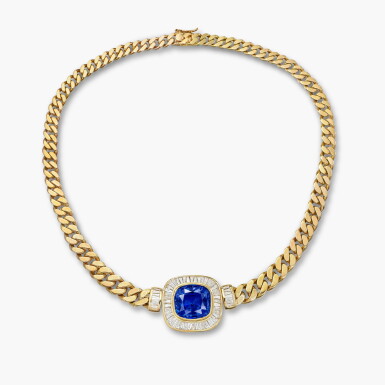 View full screen - View 1 of Lot 1392. Gold, Sapphire and Diamond Necklace | K金 鑲嵌 天然「斯里蘭卡」未經加熱藍寶石 配 鑽石 項鏈.