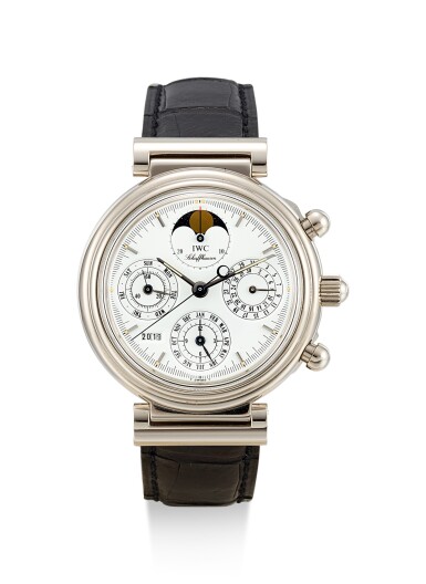 View full screen - View 1 of Lot 8190. IWC | DA VINCI, A WHITE GOLD PERPETUAL CALENDAR CHRONOGRAPH WRISTWATCH WITH MOON PHASES, LEAP YEAR INDICATION AND DIGITAL YEAR DISPLAY, CIRCA 1990 .