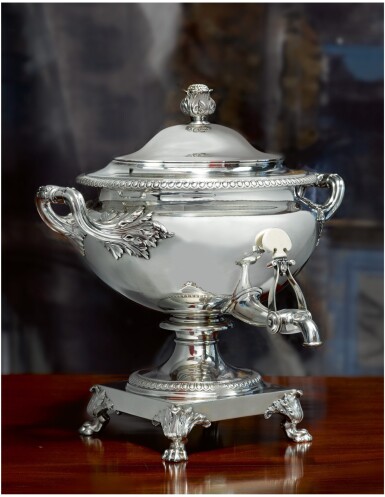 View full screen - View 1 of Lot 18.  A GEORGE IV SILVER HOT WATER URN, PAUL STORR, LONDON, 1822.