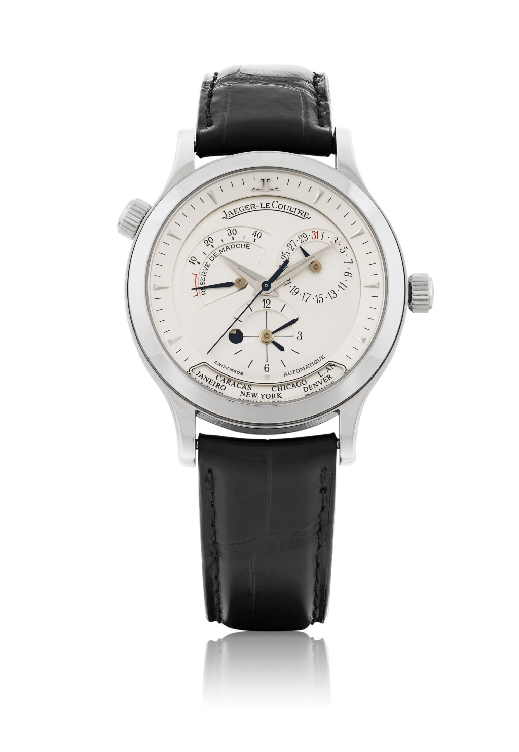 View full screen - View 1 of Lot 34. JAEGER-LECOULTRE | MASTER GEOGRAPHIC, REF 142.8.29 STAINLESS STEEL WORLD TIME WRISTWATCH WITH DATE, DAY/NIGHT AND POWER RESERVE INDICATION CIRCA 2005.
