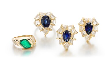 View full screen - View 1 of Lot 28. SAPPHIRE AND DIAMOND DEMI-PARURE AND AN EMERALD AND DIAMOND RING.