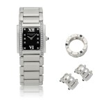 TWENTY~4, REF 4910/10A-001 STAINLESS STEEL AND DIAMOND-SET WRISTWATCH WITH BRACELET AND MATCHING WHITE GOLD DIAMOND AND SAPPHIRE-SET RING AND EAR CLIPS CIRCA 2000