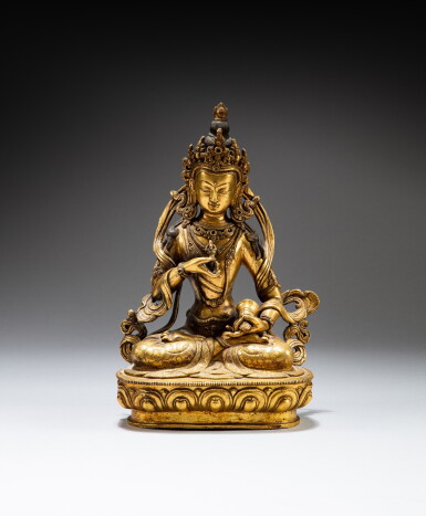 View full screen - View 1 of Lot 120. A gilt-bronze figure of Vajrasattva, Nepal, 20th century | 尼泊爾 二十世紀鎏金銅金剛薩埵坐像.