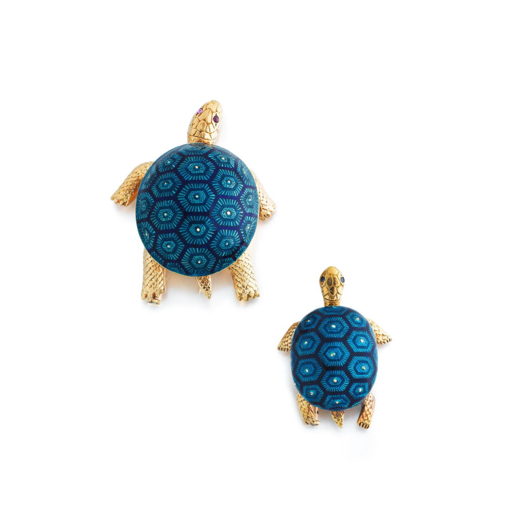 View full screen - View 1 of Lot 27. Pair of Enamel, Ruby and Sapphire Brooches.