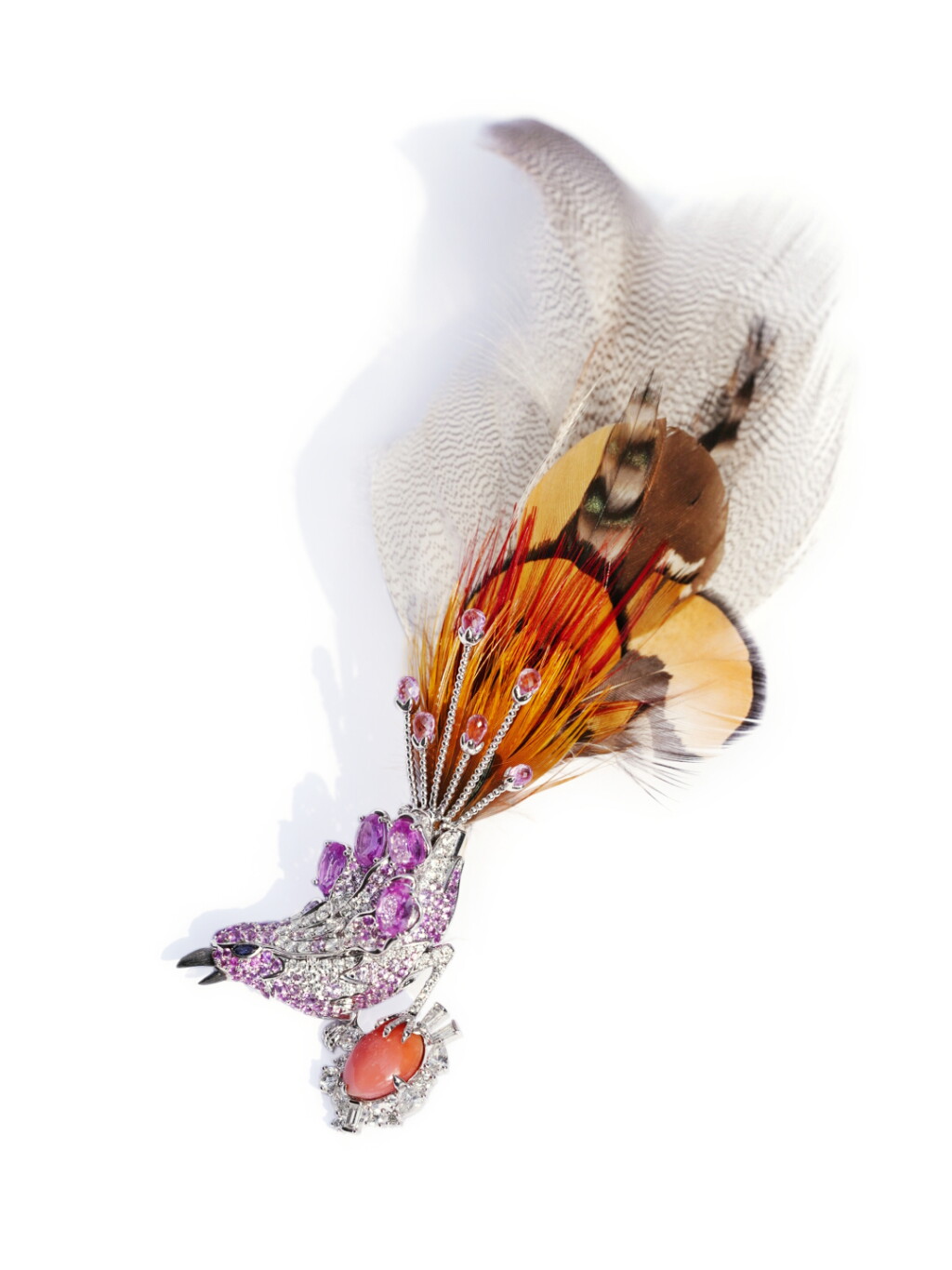 View full screen - View 1 of Lot 626. CigaLong | Gem Set, Diamond, Conch Pearl and Feather Brooch | CigaLong | 寶石 及 鑽石 配 海螺珠 及 彩羽 胸針.