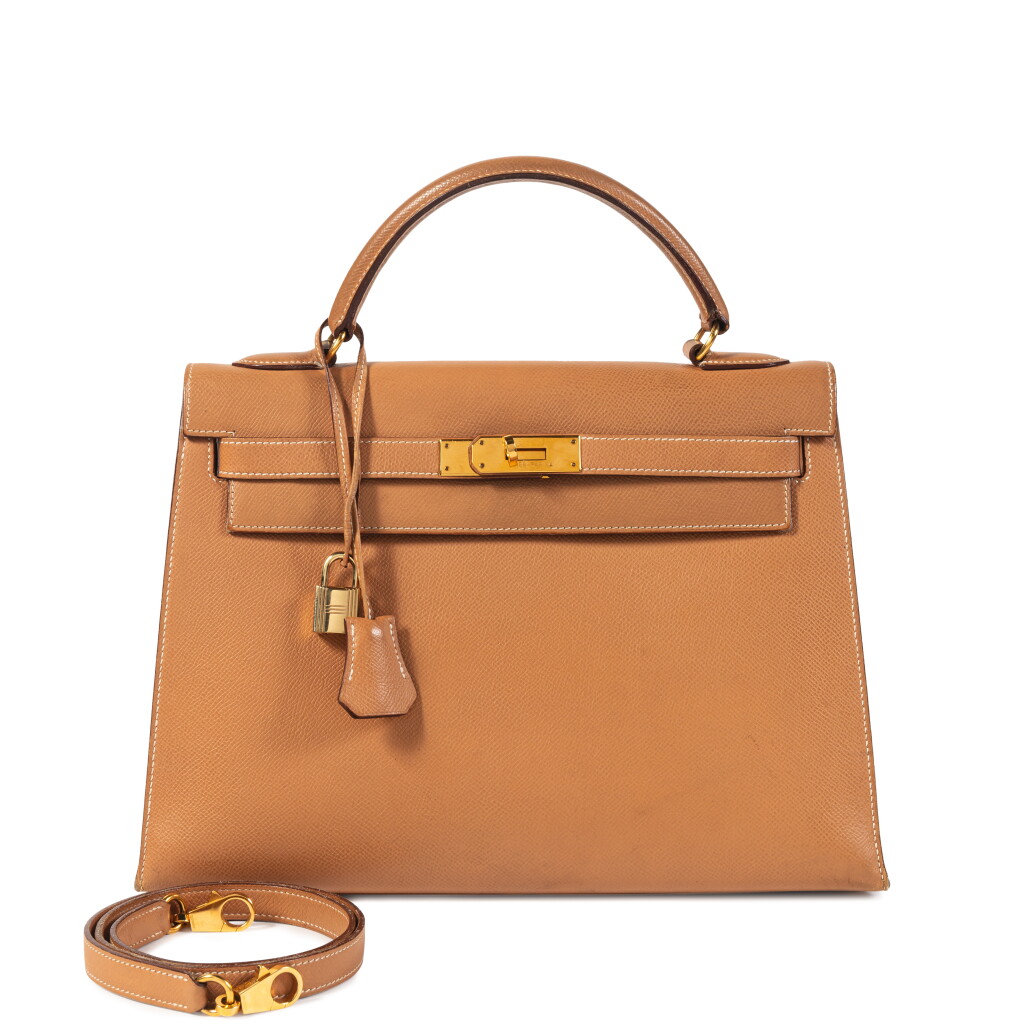 View full screen - View 1 of Lot 394. Vintage Gold Courchevel Kelly 32 Sellier Gold Hardware, 1992.