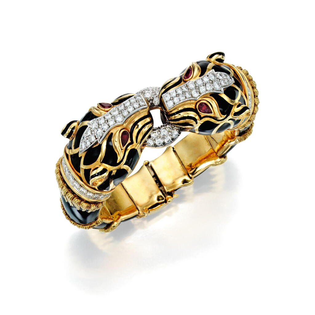 View full screen - View 1 of Lot 95. David Webb | Gold, Enamel, Diamond and Ruby Bracelet.
