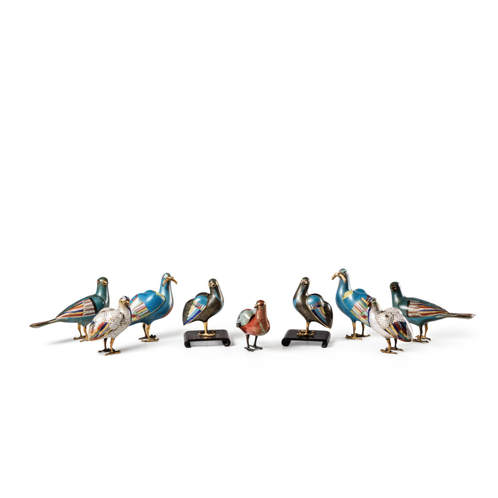 View full screen - View 1 of Lot 116. A group of nine cloisonné enamel ‘quail’ incense burners and covers, 19th – 20th century | Ensemble de neuf cailles brûle encens en bronze doré et émaux cloisonnés, XIXe - XXe siècle.