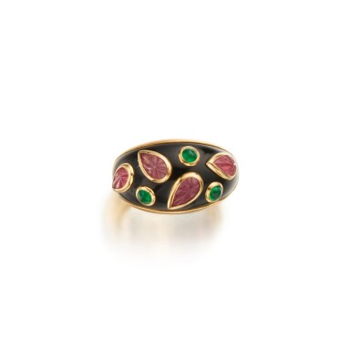 View full screen - View 1 of Lot 158. Enamel, Tourmaline and Emerald Ring, France.