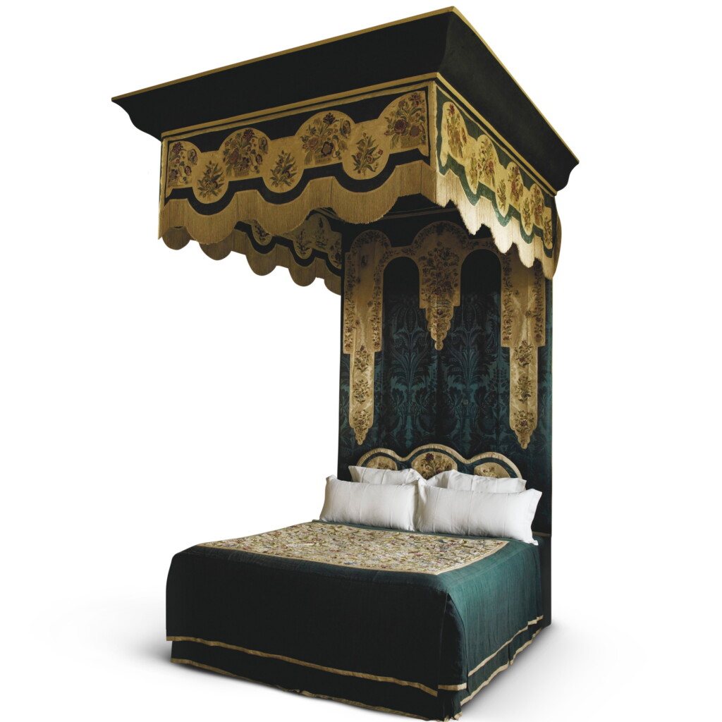 View full screen - View 1 of Lot 618. A Set of George I Embroidered and Green Silk Damask Bed Hangings, 18th Century.