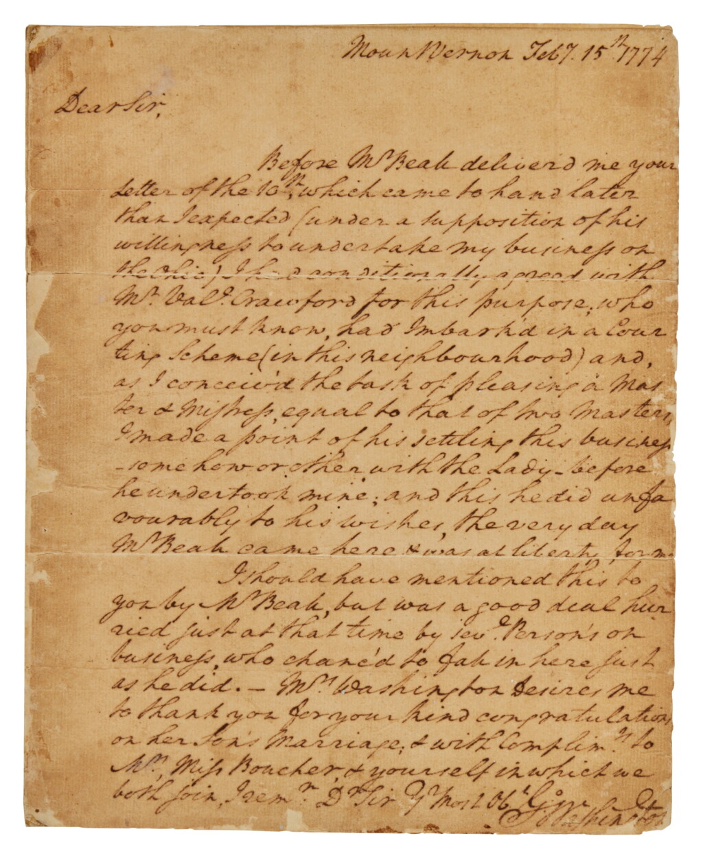 View full screen - View 1 of Lot 1042. Washington, George | A 1774 letter to his Loyalist friend Jonathan Boucher concerning his grants in the trans-Appalachian Ohio lands.
