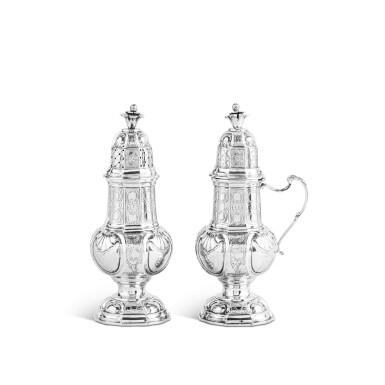 View full screen - View 1 of Lot 85. A pair of Belgian silver sugar caster and mustard pot, Louvain, 1775, unidentified maker.