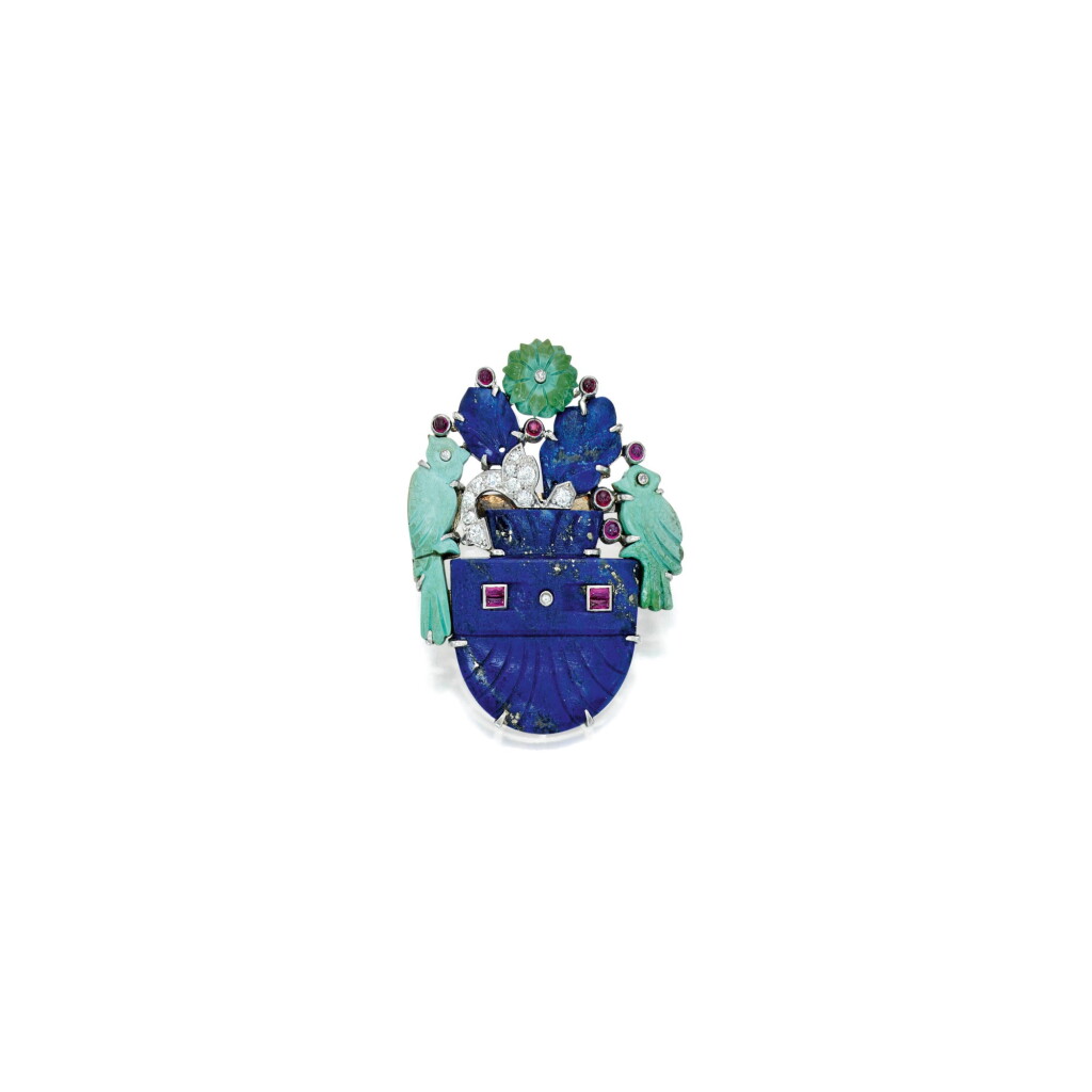 View full screen - View 1 of Lot 208. Cartier | Lapis Lazuli, Turquoise, Ruby and Diamond Brooch.