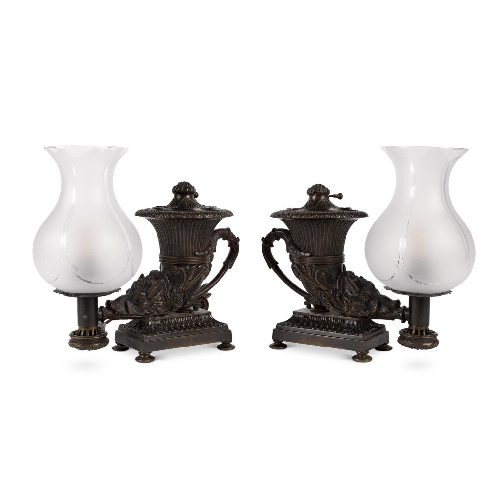 View full screen - View 1 of Lot 1981. A Pair of Regency Patinated Bronze Colza Lamps, Circa 1815.