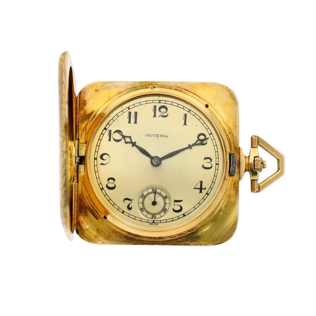 View full screen - View 1 of Lot 194. A yellow gold square shaped hunting case watch, Circa 1930.