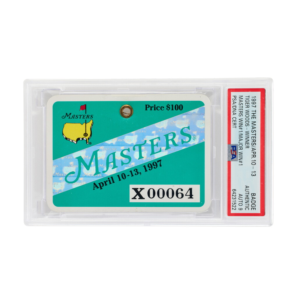 View full screen - View 1 of Lot 20. Tiger Woods Signed 1997 Masters Badge | PSA/DNA Authentic, Auto 9 | Woods' 1st Masters Victory | Youngest Masters Champion | Largest Masters Margin of Victory | 1997-2000 Era Signature.
