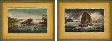 View full screen - View 1 of Lot 2086. A pair of paintings of Chinese farming and fishing boats | 中國畫派 十九世紀 《中國漁農船舶》畫一對 .