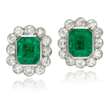 View full screen - View 1 of Lot 124. Pair of emerald and diamond earrings.