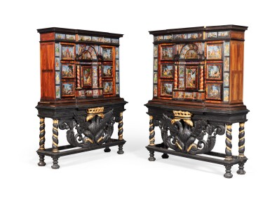 View full screen - View 1 of Lot 10. A pair of tortoiseshell, reverse painted glass, rosewood and ebonised wood cabinets, Neapolitan, 17th century | Paire de cabinets en écaille de tortue, bois noirci, palissandre de Rio et panneaux de verre peint, travail napolitain du XVIIème siècle.