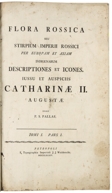 View full screen - View 1 of Lot 143. PALLAS, PETER SIMON | Flora Rossica seu stirpium Imperii Rossici per Europam et Asiam indigenarum descriptiones et icones. St. Petersburg: J. J. Weitbrecht, 1784-1788.