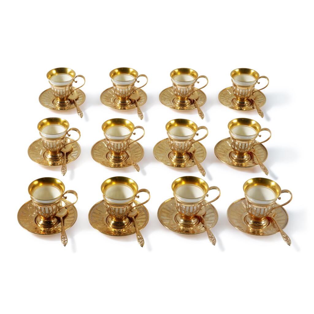 View full screen - View 1 of Lot 563. A Set of Twelve American 14 Karat Gold Demitasse Cups, Saucers, and Spoons, Gorham Mfg. Co., Providence, RI, Retailed by JE Caldwell & Co., Early 20th Century.
