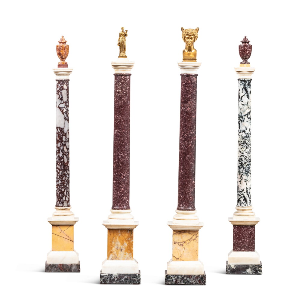 View full screen - View 1 of Lot 511. A set of four gilt-bronze mounted marble and hardstone columns, 20th century.