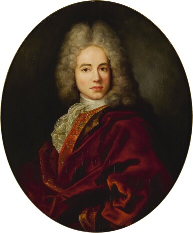 View full screen - View 1 of Lot 758. Follower of Nicolas de Largillière | PORTRAIT OF A GENTLEMAN, HALF LENGTH, WEARING A RED ROBE AND GREY WIG.