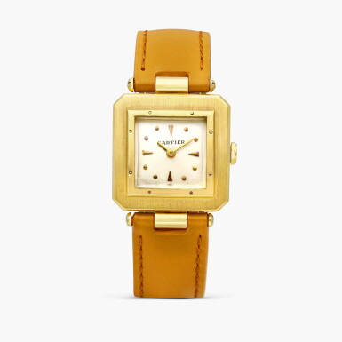 View full screen - View 1 of Lot 2239. Carré à Coin Coupés | A square yellow gold wristwatch with chamfered corners and cylindrical T-bar lugs, Circa 1947.