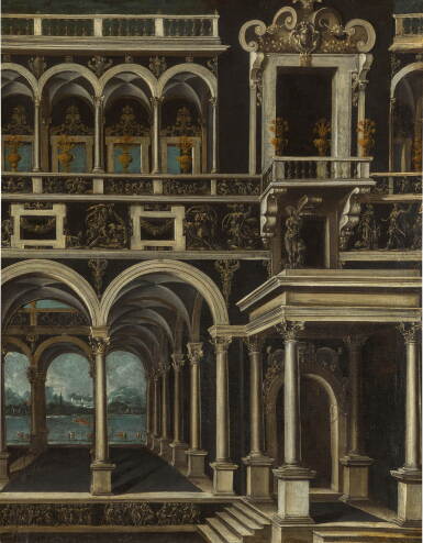 View full screen - View 1 of Lot 645. An architectural capriccio with figures by a lake.