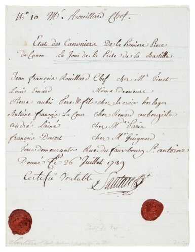 View full screen - View 1 of Lot 136. Antoine Joseph Santerre | Document signed, on the Fall of the Bastille, 26 July 1789.