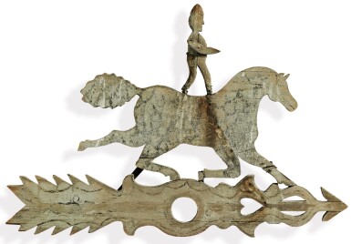 View full screen - View 1 of Lot 1473. VERY FINE AND RARE AMERICAN CARVED PINE AND SHEET-IRON ACROBAT AND DAPPLE PAINTED HORSE WEATHERVANE, LATE 19TH CENTURY.