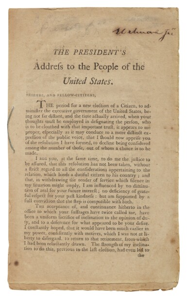 View full screen - View 1 of Lot 515. Washington, George | A very early printing of Washington's Farewell Address.