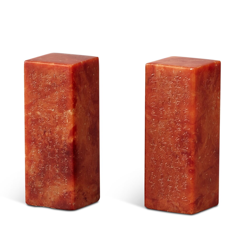 View full screen - View 1 of Lot 593. A pair of inscribed soapstone seals, Qing dynasty, Tongzhi period, dated guihai year, corresponding to 1863 清同治癸亥年(1863年) 壽山石題字方章一對 印文:「防意齋主人」、「伍泥撰之章」.