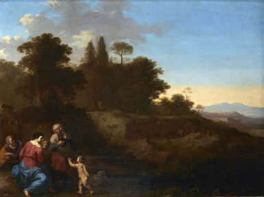 View full screen - View 1 of Lot 275. CORNELIS VAN POELENBURGH | THE HOLY FAMILY WITH SAINT ELIZABETH AND SAINT JOHN IN A PASTORAL LANDSCAPE.
