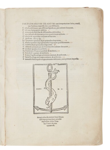 View full screen - View 1 of Lot 411. Crastone, Dictionarium graecum, Venice, Aldus, 1524, old limp vellum.