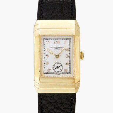 View full screen - View 1 of Lot 232. Reference 77 | A yellow gold rectangular wristwatch with Breget numerals | Circa 1932.
