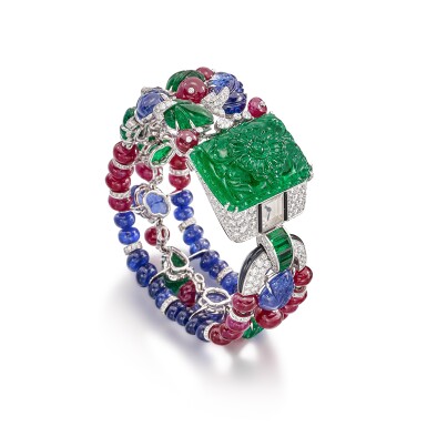 View full screen - View 1 of Lot 85. An Unique 'Tutti Frutti' Gem Set and Diamond Bracelet Watch | 卡地亞 | 獨一無二 'Tutti Frutti' 寶石配鑽石腕錶.