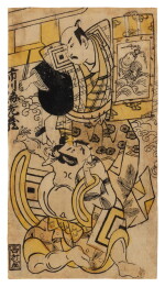 Attributed to Torii Kiyonobu II (active circa 1725-1760) | The actor Ichikawa Ebizo II in the role of Kagekiyo holding a scroll of a spiny lobster before another actor | Edo period, early 18th century