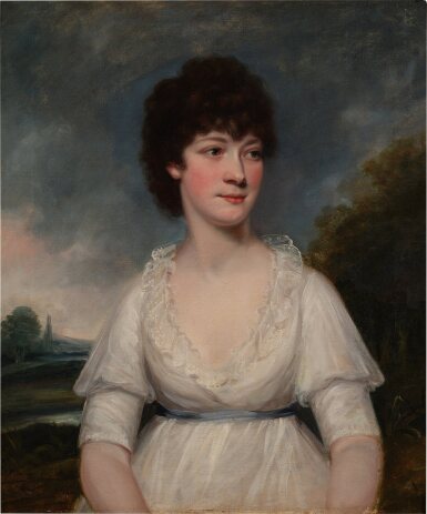View full screen - View 1 of Lot 22. Portrait of Miss Elizabeth Byrd, later Mrs. Slight, half-length, before a landscape.