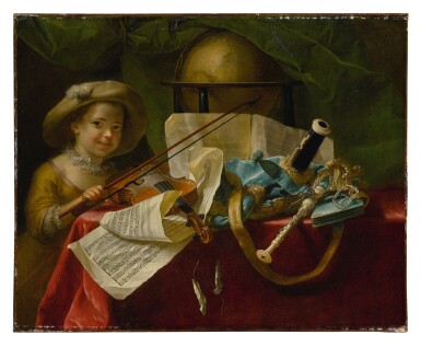 View full screen - View 1 of Lot 88. NICOLAS-HENRY JEAURAT DE BERTRY | STILL LIFE OF MUSICAL INSTRUMENTS, A GLOBE AND OTHER OBJECTS ON A TABLE DRAPED IN A RED VELVET CLOTH, WITH A YOUNG GIRL HOLDING A BOW.