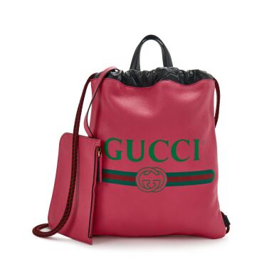 View full screen - View 1 of Lot 97. Pink Leather Logo Medium Drawstring Backpack.