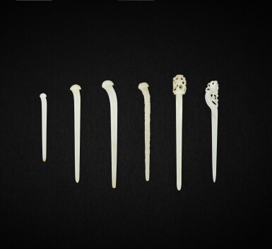 View full screen - View 1 of Lot 3042. Six white jade hairpins, Ming dynasty 明 白玉髮簪一組六件.