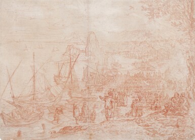 View full screen - View 1 of Lot 22. Recto: Various figure studies and groups, including a man with pigs on a leash and a group of women and children; Verso: River landscape.