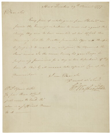View full screen - View 1 of Lot 2157. Washington, George. Manuscript letter signed, probably to General Nathanael Greene, 29 November 1777.