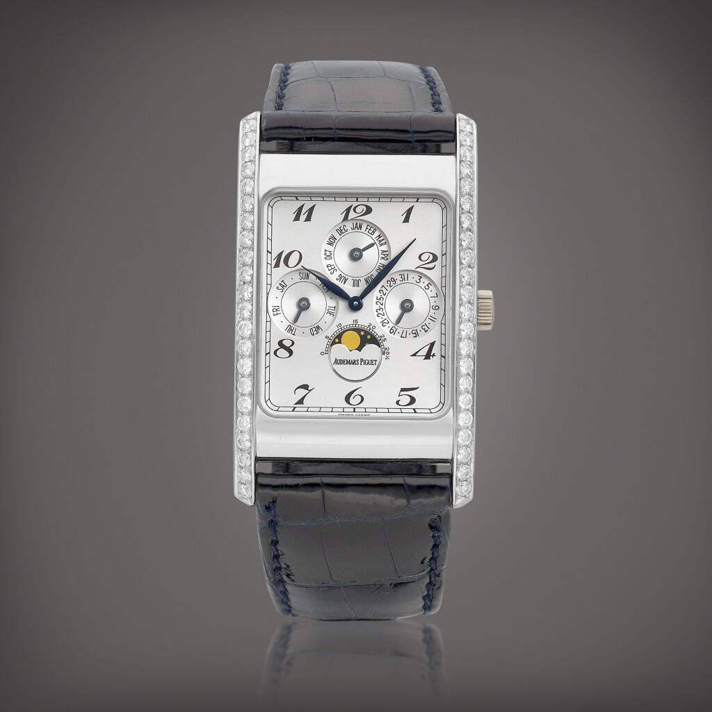 View full screen - View 1 of Lot 2174. Quantieme Perpetual Edward Piguet A platinum and diamond-set perpetual calendar wristwatch with moon phases, Circa 1992 | 愛彼 | Quantieme Perpetual Edward Piguet 鉑金鑲鑽石萬年曆腕錶,備月相顯示,約1992年製.