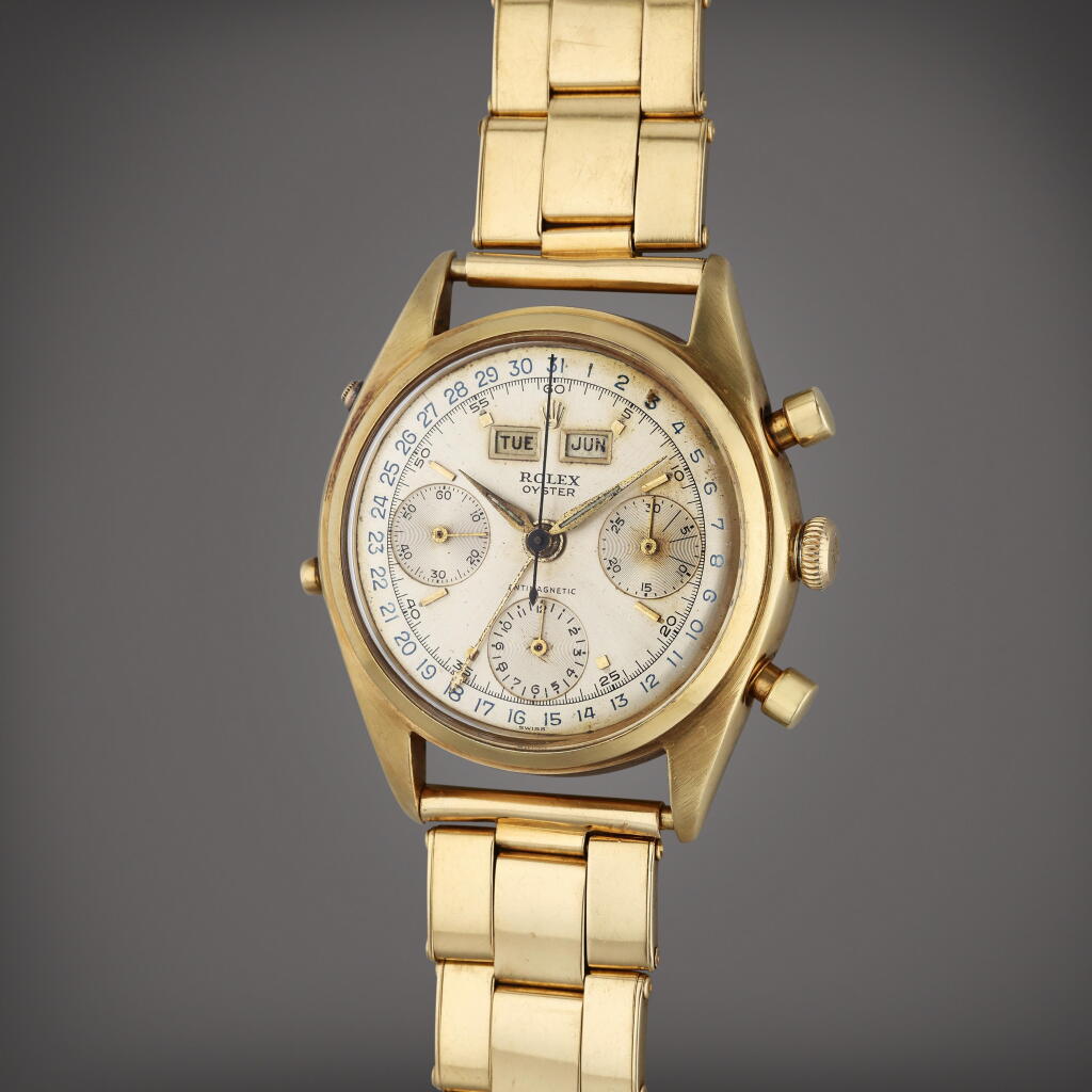 View full screen - View 1 of Lot 482. Reference 4767 Dato-Compax 'Jean-Claude Killy' | A yellow gold triple calendar chronograph wristwatch, Circa 1947.